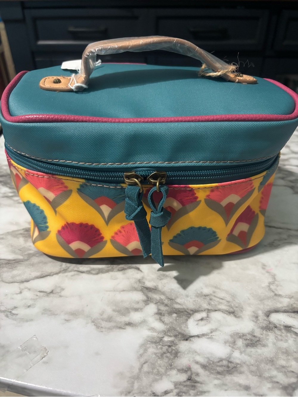 Teal & Yellow Patterned Cosmetic Train Case by Catchfly Studio NWT